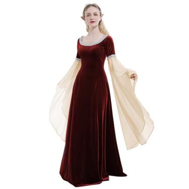 Imagem de daizbella Vestido de fantasia renascentista medieval feito à mão vestido retrô histórico vestido de veludo com mangas de chiffon, Claret, P
