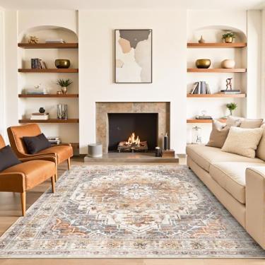 Imagem de befbee Tapetes de área para sala de estar 15 x 23 cm – resistente a manchas antiderrapante lavável à máquina para quarto – tapete boho persa grande (açafrão/cinza, 18 x 23 cm)