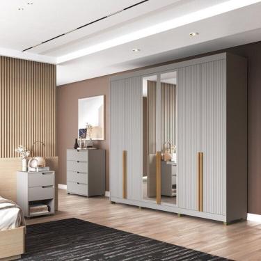 Imagem de Quarto Casal Completo Com Guarda-roupa Newton 6 Portas, 1 Cômoda E 2 Mesas De Cabeceira Cinza / Nature