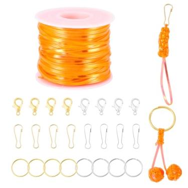 Imagem de Pandahall Cordão de cordão de plástico plano de 27,34 metros com chaveiros divididos, fechos de lagosta, fecho de chaveiro, brilhante, kit de tecelagem para pulseiras, joias, artesanato DIY (laranja)