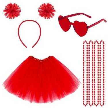 Imagem de Acessórios de fantasia de tutu dos anos 80 para mulheres, saia tutu, coração, óculos de sol, pompom, faixa de cabeça, colar para festa de Halloween e carnaval, Vermelho, One Size