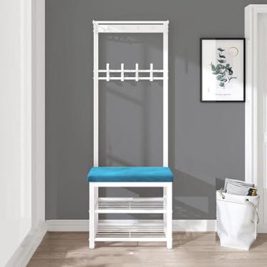 Imagem de Cabideiro Com Armazenamento De Sapatos - Hall Tree Entrada Industrial Com Banco, Cabideiro Independente Com Ganchos Para Entrada De Apartamento Pequeno, Blue, 60CM