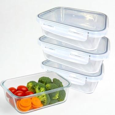Imagem de Kit 3 Potes de Vidro Hermético com Tampa vedação em Silicone Preto 4 Travas 1040ml - Grande, Retangular, Resistente a Calor, Livre de BPA para Marmita, Armazenamento, Freezer, Micro-ondas Lava-louças
