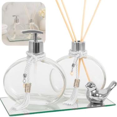 Imagem de Kit Vidros Lavabo 300ml Banheiro Luxo Difusor Saboneteira C/ Bandeja E