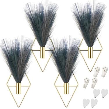 Imagem de Hanaive 4 conjuntos de vasos de parede boho para decoração de parede de metal com exibição artificial de pampas, vaso de casa moderno para quarto, escritório em casa (azarina, turquesa, azul pavão