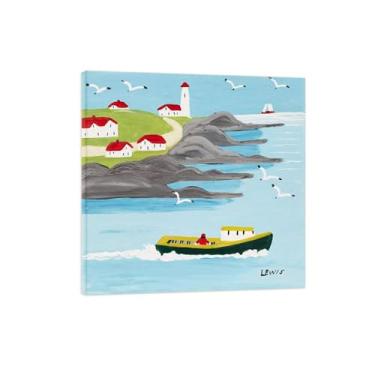 Imagem de Maud Lewis Impressão de arte de parede em tela - Imagem de arte em tela com moldura de madeira - barco indo para o mar - reprodução de pintura de paisagem pôster para casa 70 x 70 cm 28 x 28 polegadas