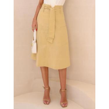 Imagem de Saia Midi de Linho com Modelagem Evasê e Bolsos Estilosos - Genérica, 