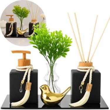 Imagem de Kit Lavabo Banheiro Luxo Completo Vidro Preto C/ Bandeja Preta Vasinho