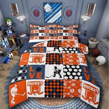 Imagem de Conjunto de edredom esportivo com bola para meninos, adolescentes, solteiro, hóquei no gelo, para meninas, jogo de disco de hóquei, bola de hóquei, esporte europeu, colcha, jogador, bolas, azul