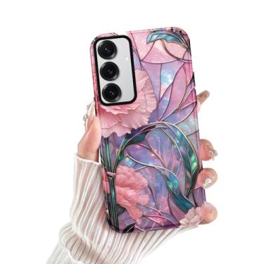 Imagem de RUMDEY Capa com flores para Samsung Galaxy S24, capa de telefone elegante e brilhante com camada dupla + capa de telefone de silicone para meninas e meninos, capa protetora de telefone à prova de