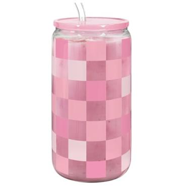 Imagem de Copo de vidro Checker de 473 ml com tampa de acrílico e canudo - Copos de café gelado para mulheres, copo de vidro estético, presente para aniversário, Natal