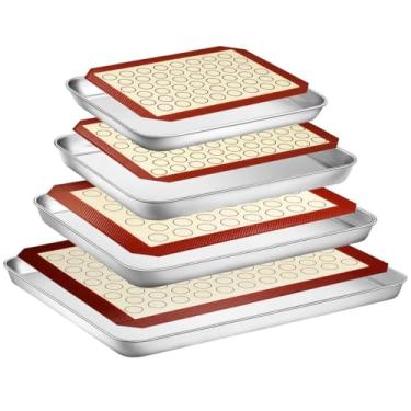 Imagem de Conjunto de assadeiras, panelas de assadeira de aço inoxidável para iododo, conjunto de presente para assar tamanho 40,6 cm, 30,4 cm, 25,4 cm e 22,8 cm, não tóxico e saudável, sem ferrugem e fácil de limpar e pode ser lavado na lava-louças, Silver,Red, 4 Sheets+4 Mats