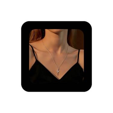 Imagem de Erimberate Colar punk com espada de metal, colar com pingente de espada dourada, colar grunge, punhal, faca, minimalista, colar de corrente cruzada, joia feminina