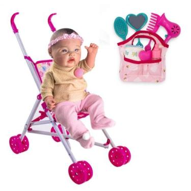 Imagem de Boneca Bebê Reborn Brinquedo + Bolsa Maternidade e Carrinho - Milk Bri