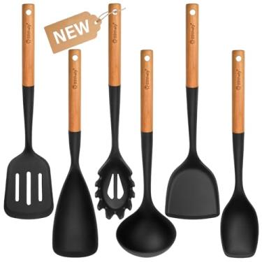 Imagem de Conjunto grande de utensílios de cozinha de silicone, conjunto de 6 utensílios de cozinha antiaderentes com cabo de madeira, resistente ao calor e livre de BPA, conjunto de espátulas de silicone para