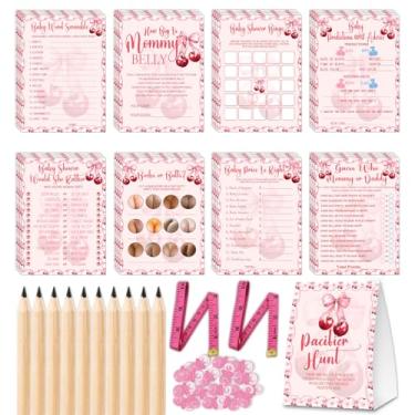 Imagem de Decorações de chá de bebê cereja rosa, jogos de chá de bebê para meninas, bingo de chá de bebê, qual é o tamanho do jogo de barriga da mamãe, adivinhe quem mamãe ou papai jogo de chá de bebê