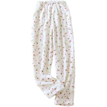 Imagem de Calças De Pijama De Lã Fofa Para Mulheres, Calças Florais Aconchegantes E Macias Com Bolsos E Cordão, Calças De Moletom Quentes Para O Inverno, Pijamas Para Mulheres Loungewe, Red Flowers, XS