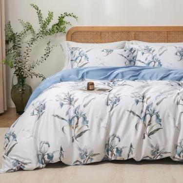 Imagem de MILDLY Conjunto de capa de edredom tamanho solteiro 100% algodão de fibra longa luxo branco e azul floral patten reversível conjunto de capa de edredom 2 peças