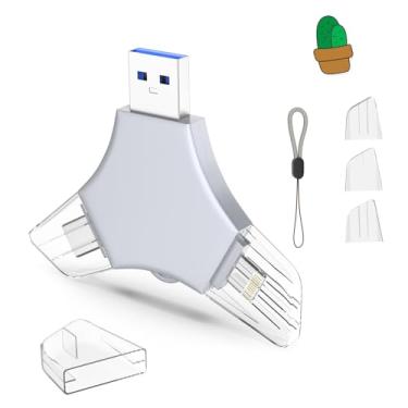Imagem de Pen Drive USB 3.0 de 64 GB para iPhone, 3 em 1 com memória externa, suporte de fotos, vídeos, armazenamento de dados/backup, pen drives de alta velocidade V11.39 para iPhone/iPad/Android/PC - branco