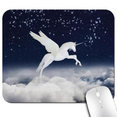 Imagem de Knseva Tapete de mouse para escritório/jogos Magic Unicorn 24 x 20 cm, tapete antiderrapante para mesa, criatura fantasia voando sobre nuvens novidade pureza conto de fadas