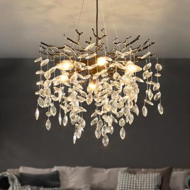 Imagem de EGM Lustre De Cristal De Galho De Árvore Dourada, Luminárias De Teto De Cristal Modernas Em Formato De Gota De Chuva, 6 Luzes (E12), Lustres Pretos Redondos Pendurados Para Sala De Jantar, Sala De E