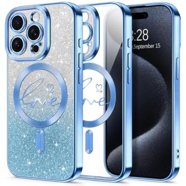 Imagem de Hython Capa com glitter para iPhone 15 Pro Max, compatível com MagSafe Love Heart Magnetic Clear Phone Cases para mulheres e meninas, proteção total para câmera, revestimento brilhante, à prova de