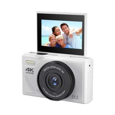 Imagem de Câmera digital de 64 MP para fotografia e vídeo: câmera vlogging 4K para YouTube com tela flip de 7 cm e cartão TF de 32 GB, câmera digital com zoom 16X para presente (branca)