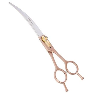 Imagem de Stjuo Tesoura profissional para cuidados com cães, ouro rosa, 440C, aço inoxidável, reta, curvada, para cuidados com animais de estimação, cães e gatos (curvada, 19 cm)
