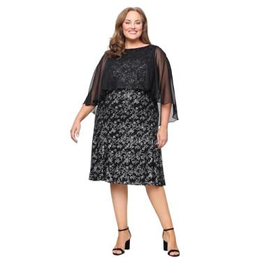 Imagem de S.L. Fashions Vestido feminino com sobreposição de chiffon estampado comprimento chá (tamanho grande), Preto/prata, 54