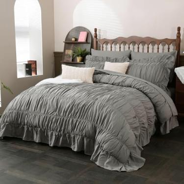 Imagem de Herside Jogo de edredom queen franzido cinza, 9 peças, cama em uma bolsa, edredom fofo de luxo com lençol de cima, lençol com elástico, fronhas para todas as estações