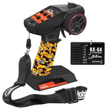 Imagem de Hobby Fans RC Radio System 4CH 2.4G RC Transmitter with Receiver and Lanyard & Sweat Absorbed Non-Slip Band Anti-Jamming Remote Controller for 1/10 1/12 1/14 1/16 1/18 1/24 RC Car Crawler Boat, Orange