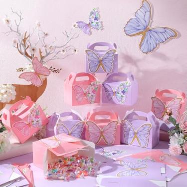 Imagem de MotiMind 24 peças de caixa de lembrancinhas de festa de borboleta rosa roxa com flores, caixas de doces para biscoitos, presente de festa, chá de panela, suprimentos de chá de bebê