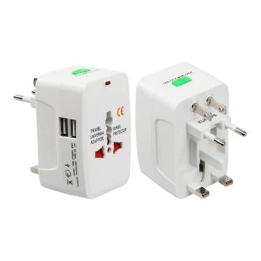 Imagem de Adaptador Universal de Tomada para Viagem Internacional (Com 2 Entradas USB) – 150 Países, Padrão Internacional, Compacto com LED e Pinos Retráteis - EUA, Europa, Ásia, UK