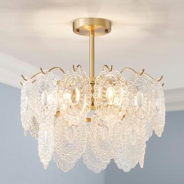 Imagem de AGV LIGHTING Luminária de teto de lustre de vidro elegante, luminária de teto grande semi-embutida para quarto, sala de estar, D18 x H10, sombra de 2 camadas e acabamento dourado em latão