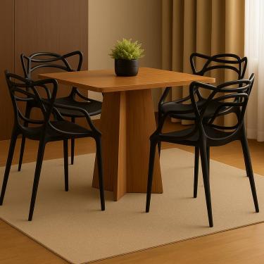 Imagem de Mesa de Jantar Quadrada 90x90cm com 4 Cadeiras Allegra Pretas – Base de Madeira Design Moderno