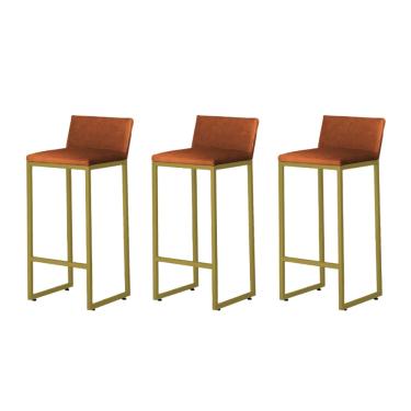 Imagem de Kit 3 Banquetas Alta Dani Reforçada Decorativa Balcão Bancada Cozinha Bar Base Dourada Courino