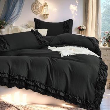 Imagem de Bedorm Conjunto de cama King preto Boho com babados, franja, chique, supermacio, aconchegante, fazenda, campo, conjunto de edredom