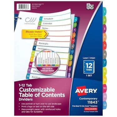 Imagem de AVERY 12 divisórias para 3 fichários de anéis, índice personalizável, abas multicoloridas, 1 conjunto, 24 pacotes (11843)