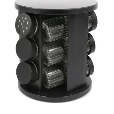 Imagem de Porta Temperos e Condimentos Mesa Giratória com 6 Potes de Vidro 85 ml Tampa Dosadora Base Preto Organização Elegante Cozinha Premium