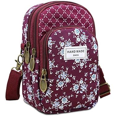 Imagem de LassZone Pequena bolsa transversal feminina floral para celular carteira mini bolsa de ombro feminina bolsa de moedas de lona, Roxo, vermelho, 7.6*5.5*2.5inch