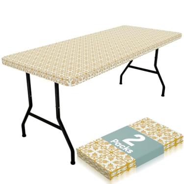 Imagem de misaya Pacote com 2 toalhas de mesa retangulares de vinil, toalha de mesa elástica com forro de flanela, capa de mesa de plástico 100% impermeável, serve para mesas dobráveis de 1,82 m para piquenique