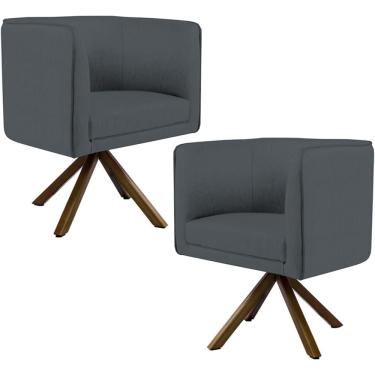 Imagem de Kit 02 Poltronas Decorativa Base Giratória de Madeira Betina D02 Corano Cinza C-03 - Lyam Decor