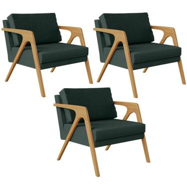 Imagem de Kit 03 Poltronas Decorativa Para Sala Pietra Estrutura De Madeira L02 Linho Verde Musgo - Lyam Decor