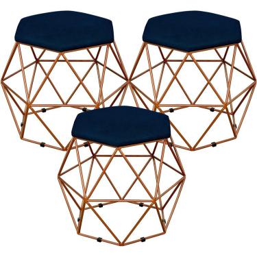 Imagem de Kit 03 Puffs Decorativo Aramado Bronze Six L02 Suede Azul Marinho - Lyam Decor