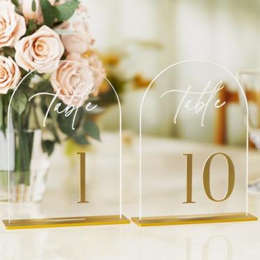 Imagem de iFaveorr Números de mesa de casamento em arco 1-10 com suportes, números dourados elegantes de 14 x 18 cm, placas de acrílico com suportes, números de mesa de acrílico transparente para recepção de