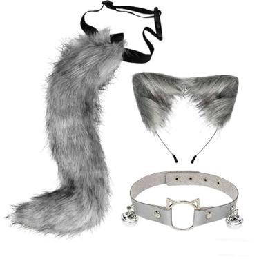 Imagem de Fiocias Conjunto de Orelhas E Rabo de Gato, Faixa de Cabeça com Cauda Longa para Brincadeira de Dramatização em Festa de Halloween, Cinza