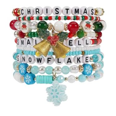 Imagem de Twinfree Pulseiras de Natal para mulheres Heishi Surfer Polymer Clay Stretch Joy & Merry Candy-Style Stacks para mulheres e adolescentes - Presentes de Natal perfeitos, One Size, Miçangas, Sem Pedra