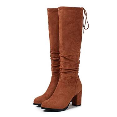 Imagem de Bigfanshu Botas femininas até o joelho Coringa moda outono e inverno grosso com salto alto 30-43 botas de cano alto, Marrom, 34 M EU