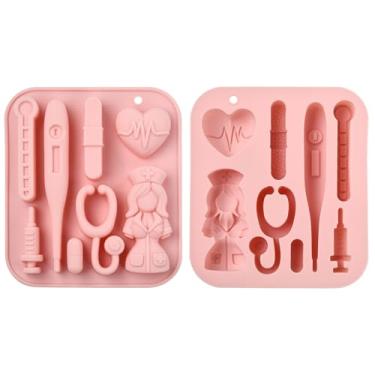 Imagem de UR URLIFEHALL 2 peças de moldes de silicone com tema de enfermeira para comprimidos de coração, estetoscópio, fondant, para fazer pão de chocolate, bolo, doces, pudim, manteiga