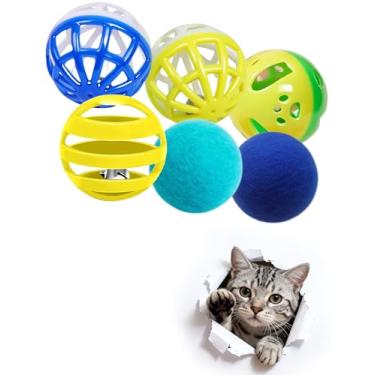 Imagem de HEUHAI Pacote com 6 brinquedos para gatos para brincadeiras divertidas – 4 bolas de sino e 2 bolas de pelúcia mantêm os gatos entretidos e ativos